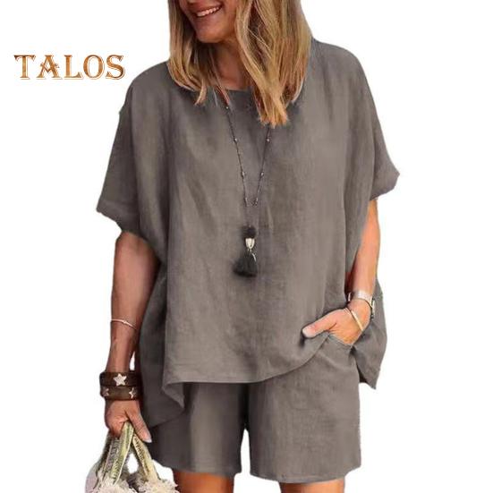 Women's Cotton Linen 2-Piece Outfit Short Sleeve Crewneck Pullover Top And Shorts Set with Pockets Summer Casual Loungewear Tracksuit