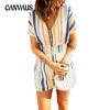 Summer Women's Jumpsuit Fashion Elastic Waist Striped Print V-neck Button Jumpsuit Shorts