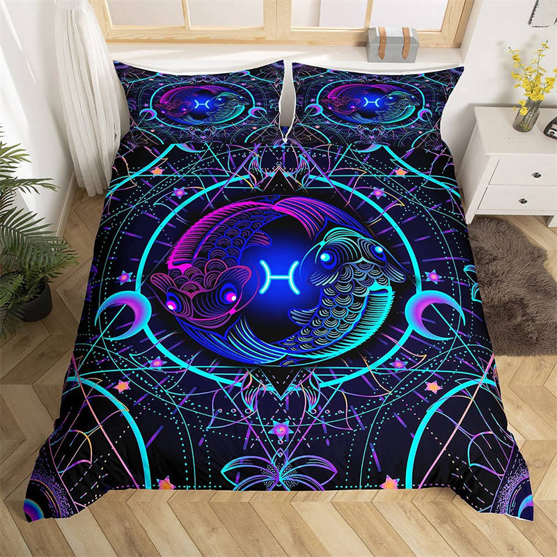Pisces Bedding Set Mystery 12 Constellations Duvet Cover Set For Kids Teens Adults Boho Fish Print Comforter Cover Bedroom Decor