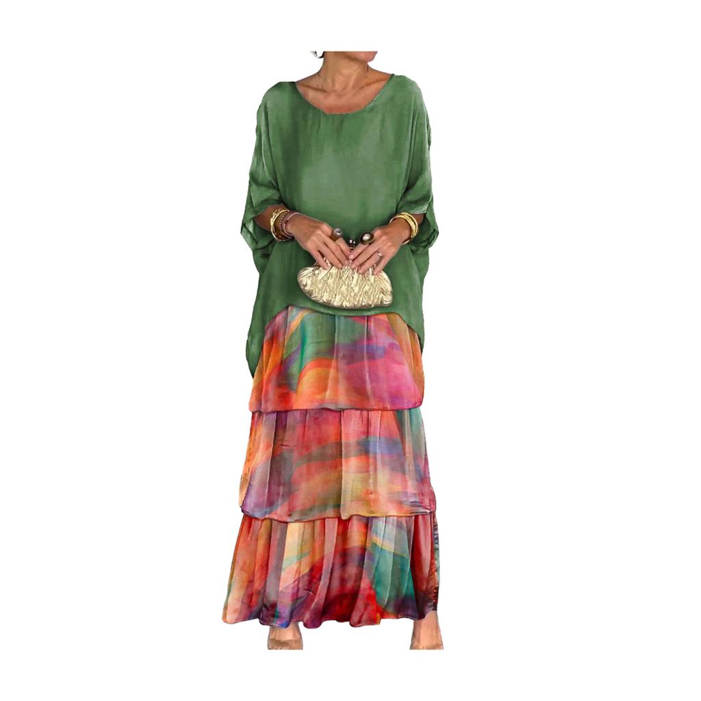 Вечернее платье с многослойным подолом в виде торта, контрастным цветным принтом, короткими рукавами, макси-платьем, рукавами «летучая мышь», мешковатым круглым вырезом, шифоновым платьем для выпускного вечера