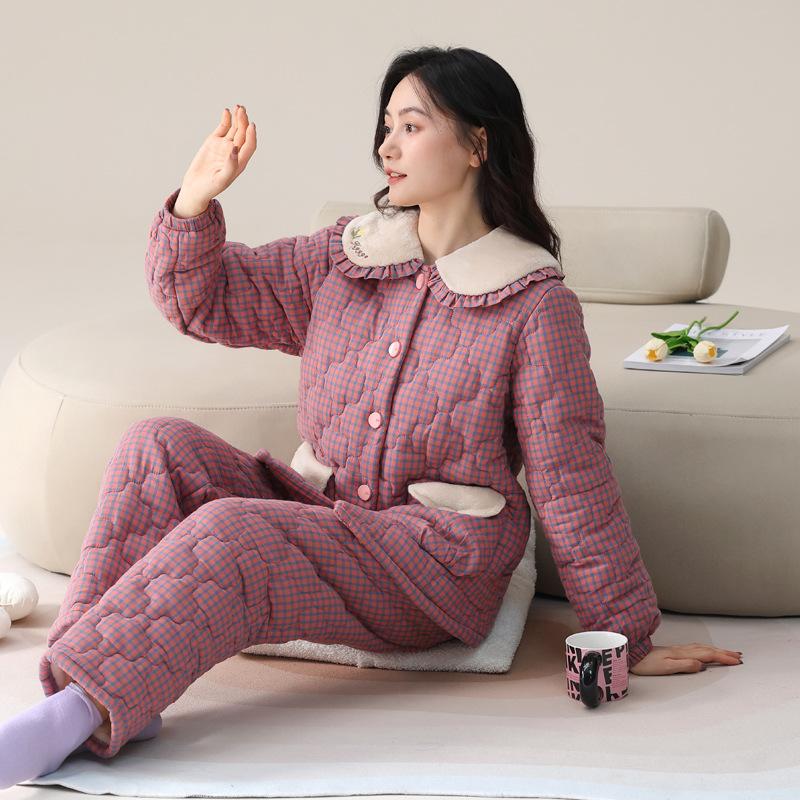 Пижама женская зимняя бархатная трехслойная утолщенная тканая чистый хлопок с хлопковой подкладкой осень-зима для мамы среднего возраста стеганая куртка домашняя одежда