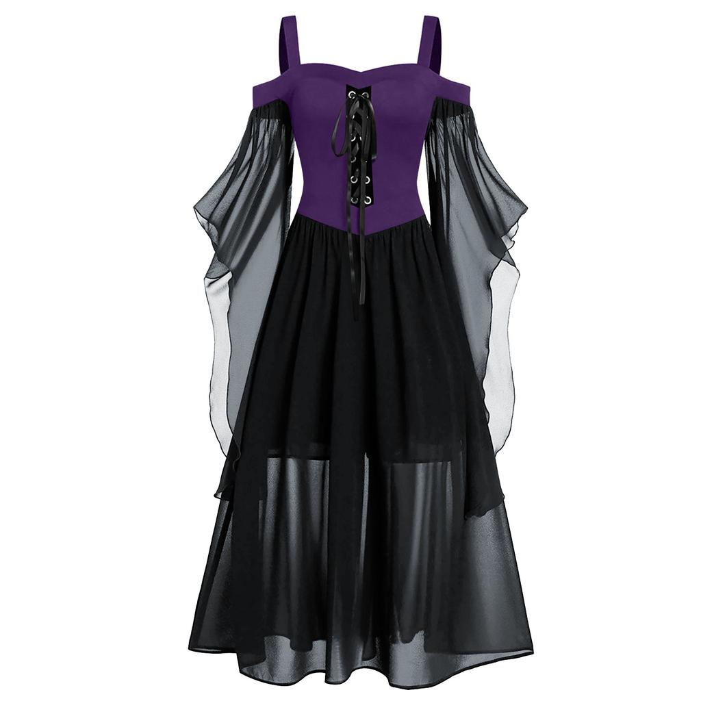 Women Plus Size Cold Shoulder Butterfly Sleeve Halloween Gothic Dress