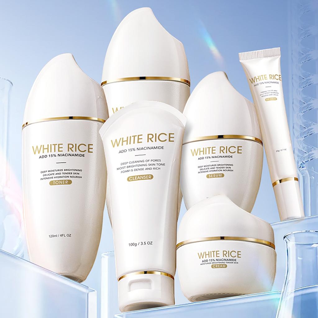 Набор для осветления и увлажнения кожи с рисом, набор увлажняющих продуктов. 100 г + 120 мл + 120 мл + 50 мл + 50 г + 20 г