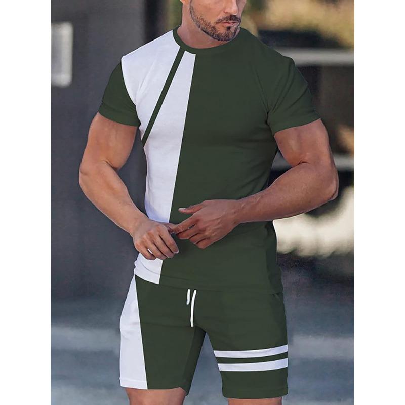 Patchwork Printing Mens 2 Pieces Casual Fashion T-shirt Set Workout Tracksuit Shirt And Shorts Set Sport Summer Outfit Sets
