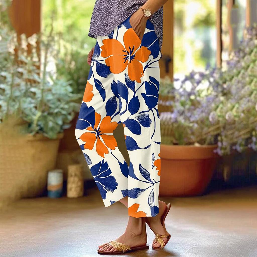 Women's Fashionable Floral Print Straight Leg Pocket Elastic Waist Casual Pants Pants