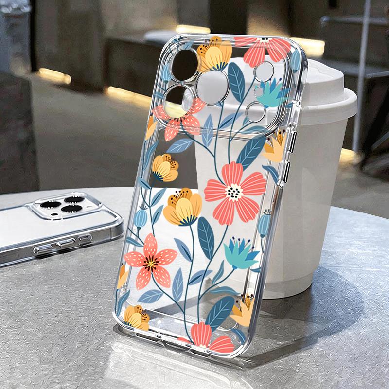 Shockproof TPU Case For iPhone 17 16 Pro 15 14 13 12 Pro Max 11 Transparent Soft Silicone Cartoon Flower Printed Phone Cover