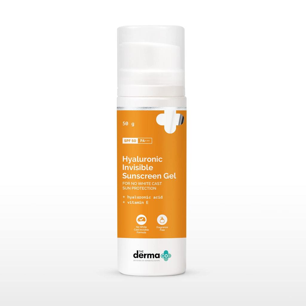 Derma Co Hyaluronic Invisible Sunscreen SPF 50 Gel для всех типов кожи с гиалуроновой кислотой и витамином E для защиты от белого налета Sun P, 1 шт.