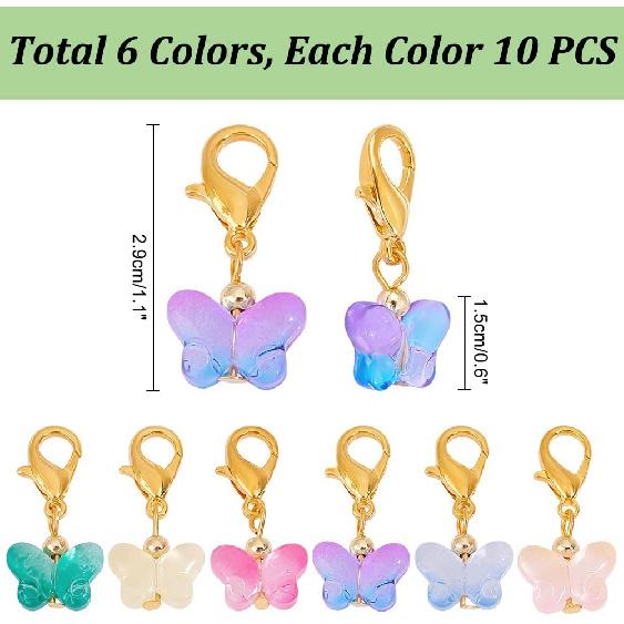 PH PandaHall 60Pcs Glass Butterfly Dangle Charms Crochet Stitch Marker 6 Colors Crystal Glass Charms Pendants With Lobster Claw Clasps For Necklace