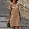 Women's Summer Beach Short Dresses Short Sleeve Round Neck Lace Mini Dress Casual Loose Cotton Linen Sundress