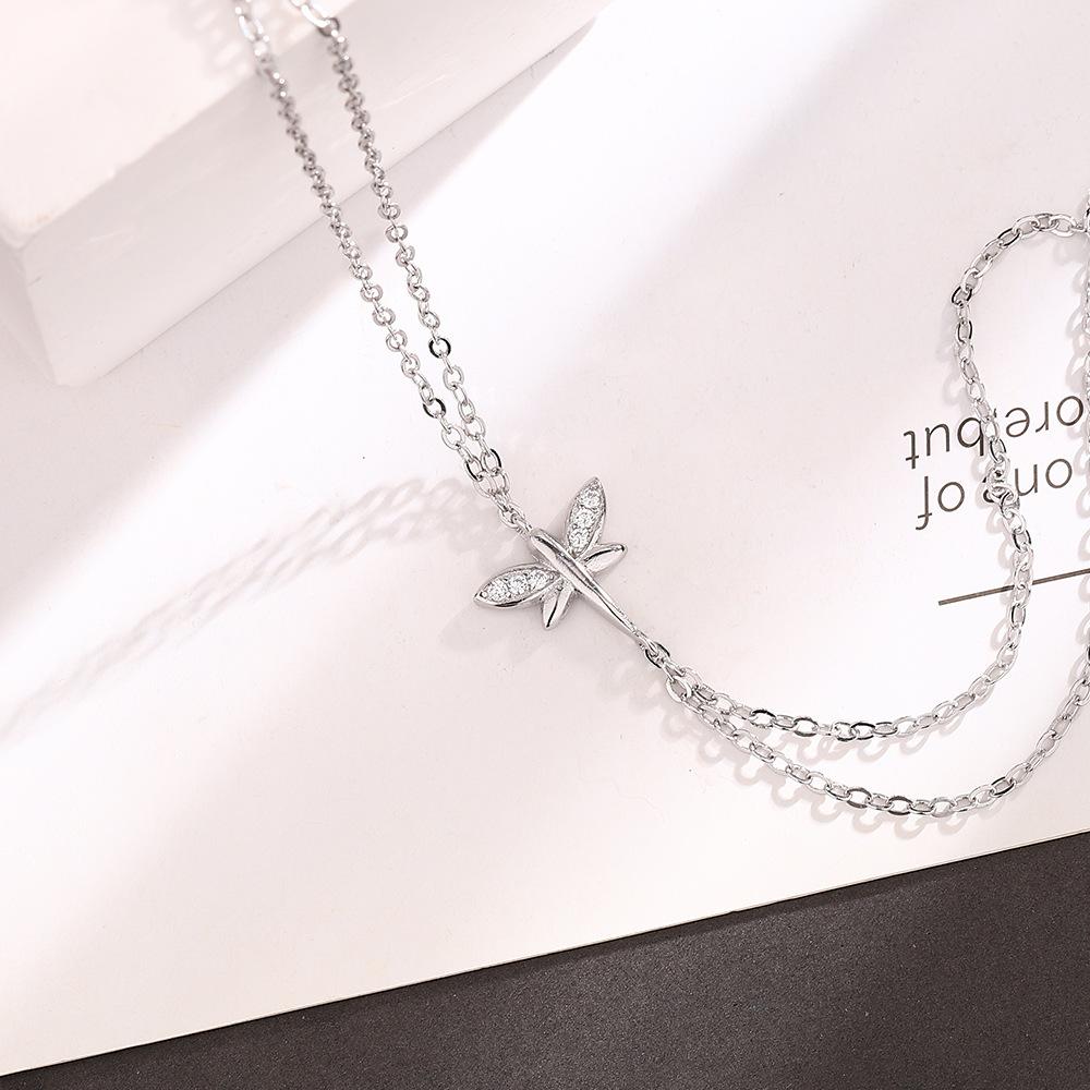 Стерлингового серебра S925 Серебряный браслет Женский изысканный браслет с крыльями насекомых, инкрустированный цирконом, двухслойный маленький браслет со стрекозой