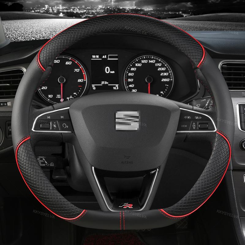 JZVL4 Car Steering Wheel Cover Microfiber Leather 38cm Non-Slip For Seat Tarraco Arona Ateca Ibiza Toledo Mii Leon Arosa Exeo ST FR