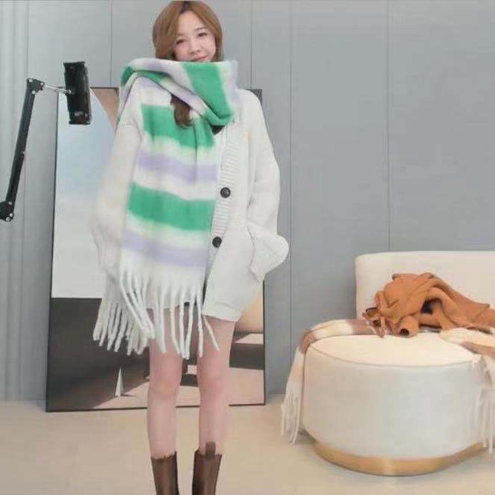 Female Korean Style Thickened Scarf Long Tassel Rainbow Winter Plaid Shawl Gradient Tie Dye Scarf