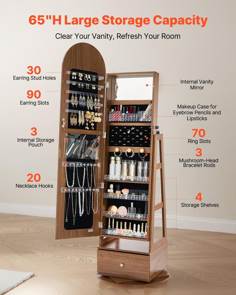 360° Swivel Jewelry Cabinet, 1655 mm Tall, Full-Length Mirror with Storage, Standing Rotatable Jewelry Armoire Organizer, Lockable with 2 Keys,