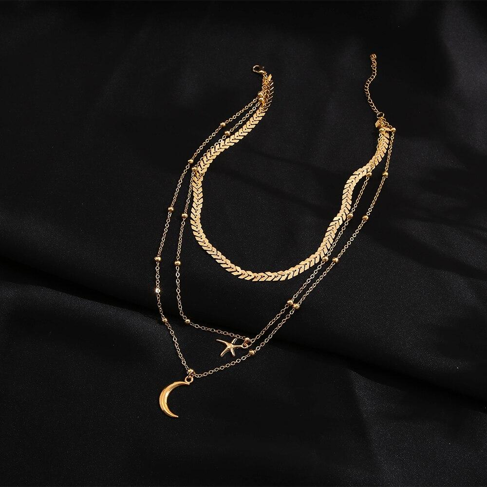 Новое простое многослойное ожерелье золотого цвета, колье с геометрическим кулоном в виде звезды и луны для женщин, колье-чокер, ювелирные аксессуары