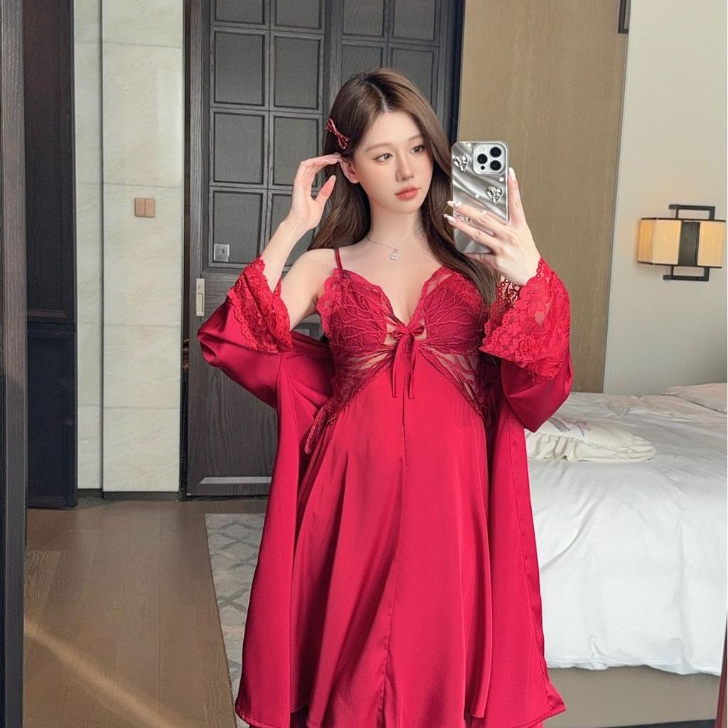 Sexy suspender women's nightgown two-piece set, spring and summer pure desire exquisite lace ice silk pajamas women's soft and comfortable
