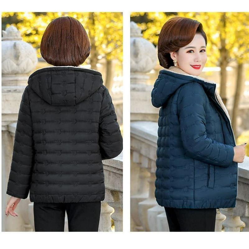 Brand Women's Autumn and Winter Coat Short Printed Hooded Solid Color Plus Fleece Padded Jacket