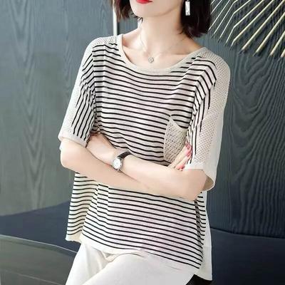 Женская футболка Летняя Большого размера Хлопковая футболка Мягкая Свободная С принтом Повседневная Удобная Пуловер Полосатая футболка Топ