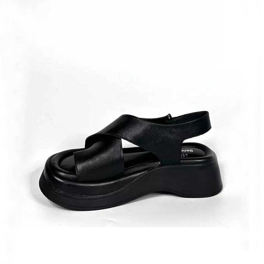 Женские черные сандалии на платформе из натуральной кожи, летние шлепанцы, новая мода, пляжная повседневная женская летняя обувь без шнуровки с открытым носком