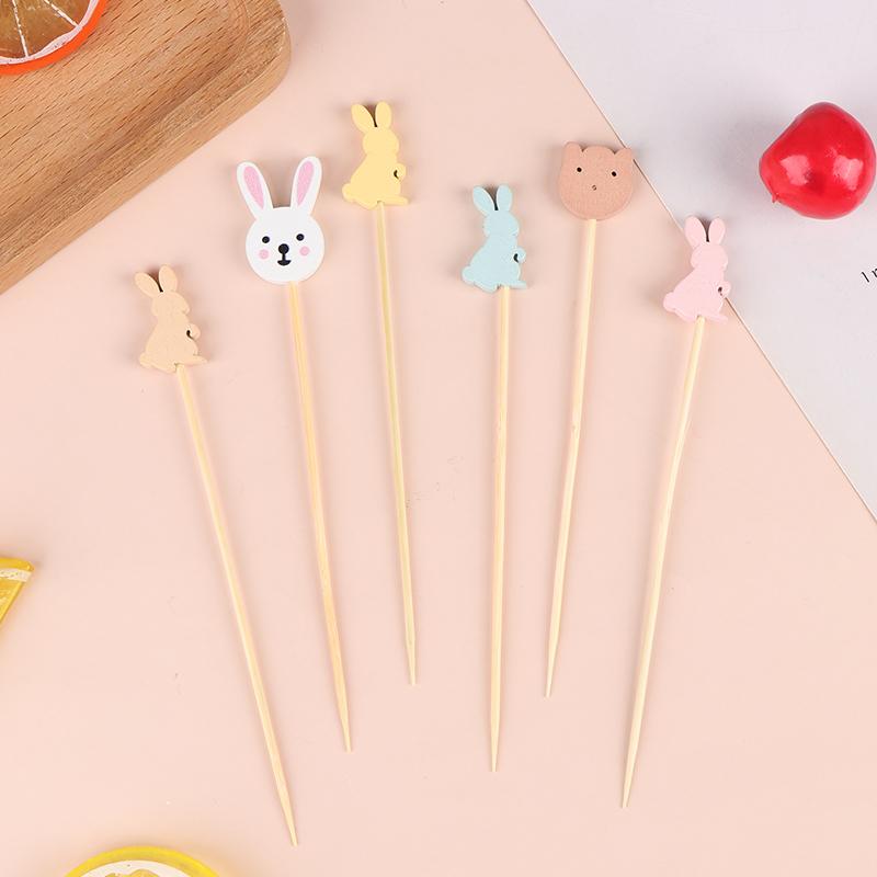 100Pcs Easter Disposable Bamboo Skewers Rabbit Eggs Food Picks Fruit Fork Sandwich Buffet Stick Easter Decoration 2024 Birthday