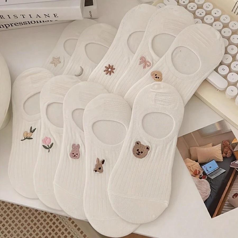 Набор из 10 пар женских носков-лодочек Модные универсальные носки до щиколотки Удобные дышащие мягкие милые носки с мультяшным рисунком белые носки