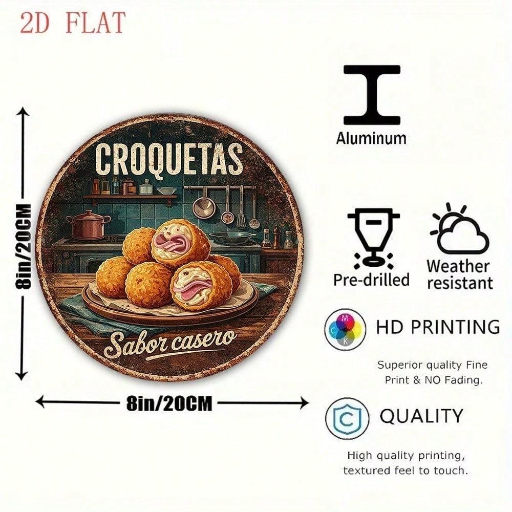 1 шт. Винтажная жестяная табличка Croquetas 8x8 дюймов Круглая металлическая табличка Испанская кухня Настенное искусство Декор для кухни и бара