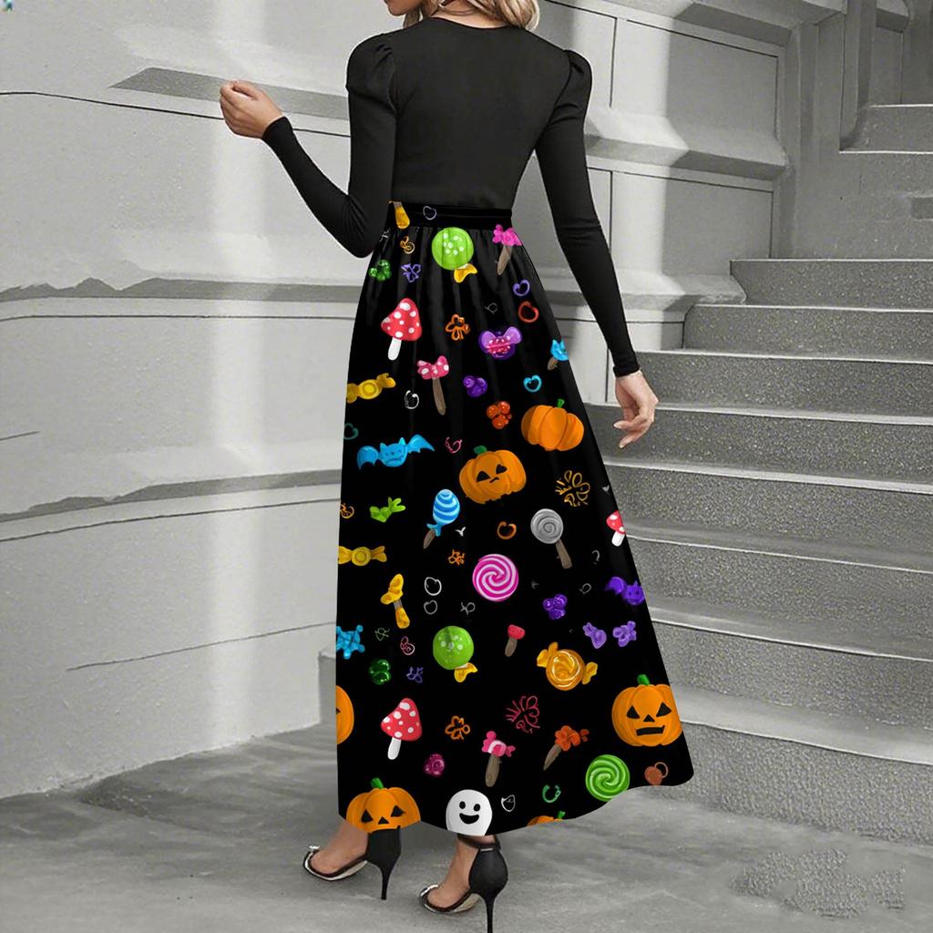 Women's Fashion Casual Belted Long Sleeve Round Neck Halloween Printed Elegant Temperament Dresses