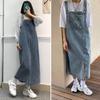 Suspender Denim Dress Loose Collarless Backless Sleeveless Side Pockets Split Hem Solid Color Adjustable Shoulder Strap Student Midi Dress