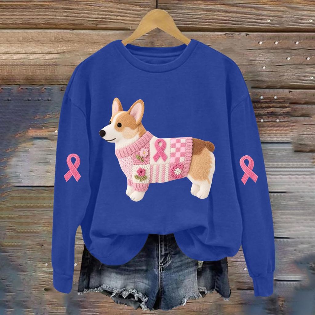 Breast  Sweatshirts For WomenRibbon Breast  Shirt Cute Dog Graphic  Long Sleeve Tops