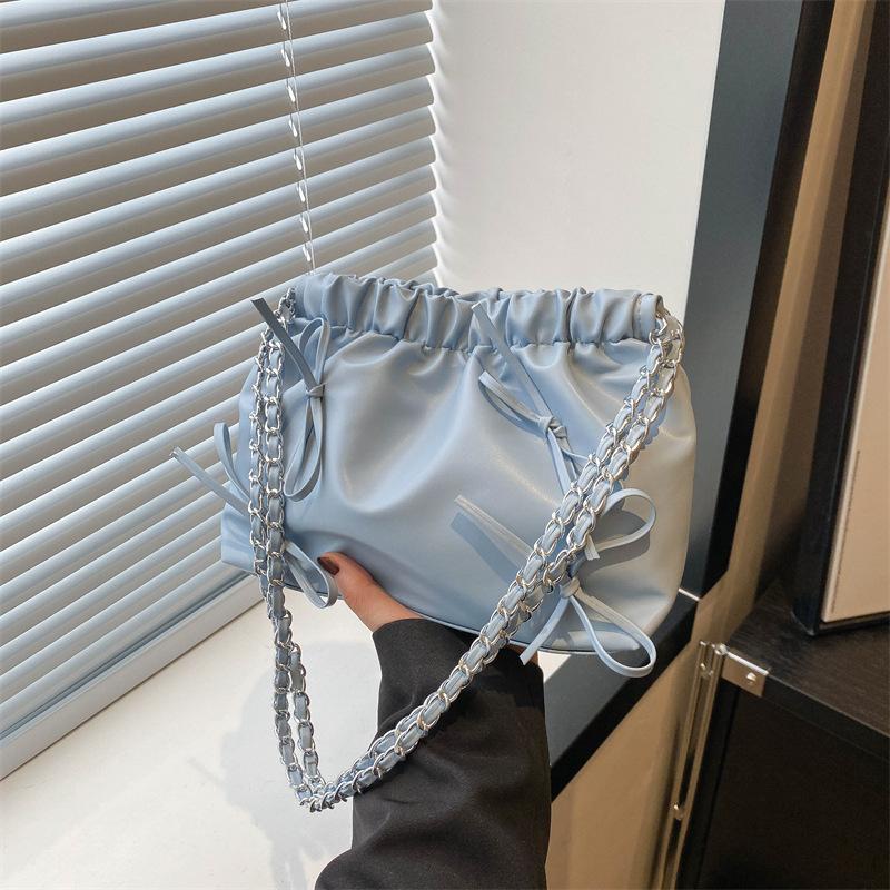 Trendy Ruched Faux Leather Bucket Bag for Women, Fashion Chain Shoulder Crossbody Hobo Purse, Casual Chic Handbag