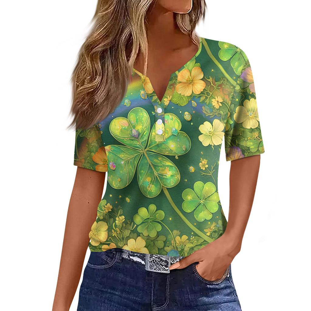 Women's T Shirt Tee Print Button Short Sleeve Daily Weekend Fashion Basic V- Neck Regular Top St. Patrick's Day