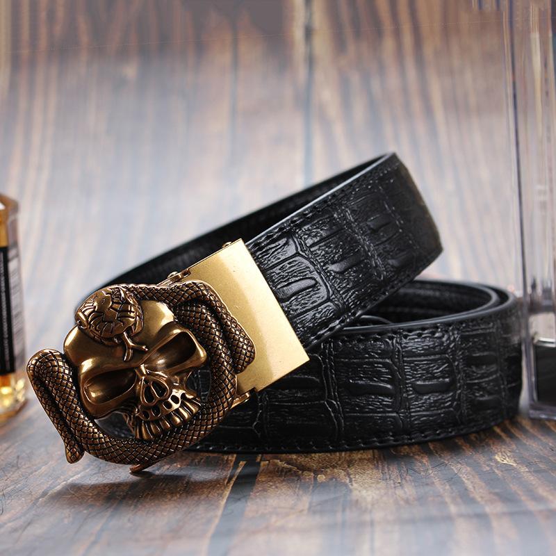 Men's Leather Belt with Automatic Buckle, Genuine Leather, Bronze Buckle, Faucet for Middle-aged and Young Business Casual Pants