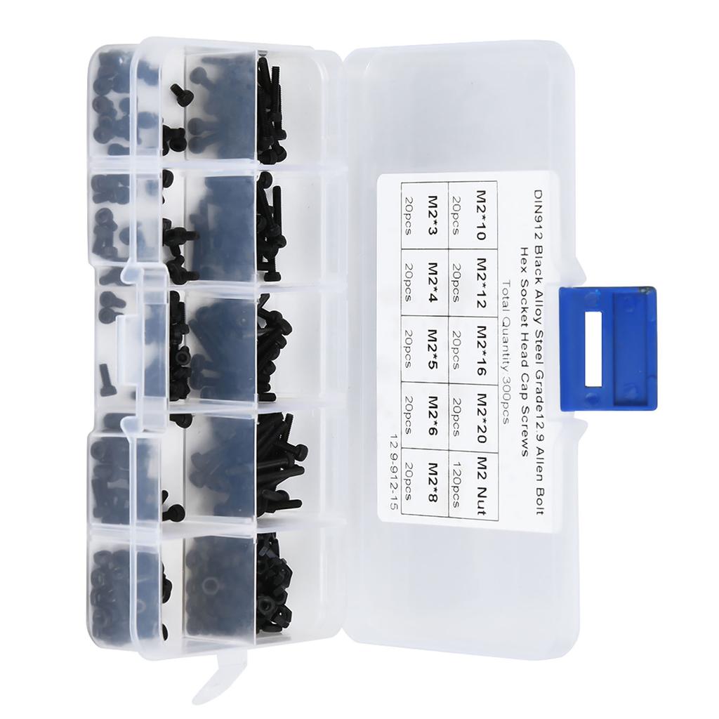 Комплект из 300 болтов и гаек M2 x 320 мм из черной легированной стали класса 12.9 с шестигранным углублением под ключ