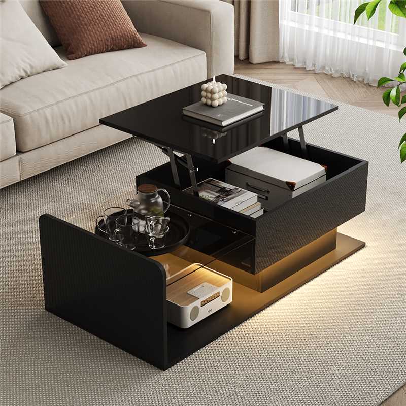 Coffee Table, High Gloss Black, Side Table, Coffee Table with Glass and LED Effect, with Glass Top