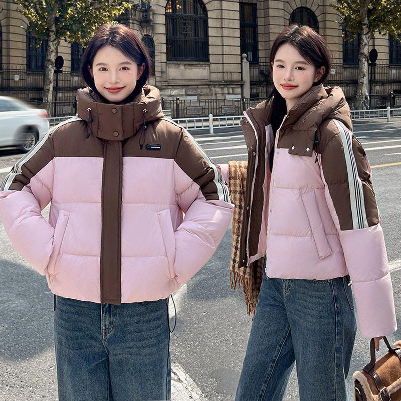 Модное короткое хлопковое пальто в стиле колор-блок для женщин, с капюшоном, свободного кроя, зимняя корейская куртка, толстая верхняя одежда