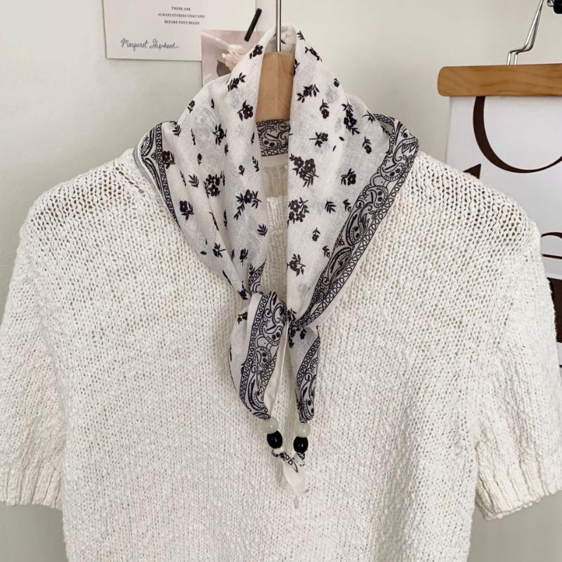 Silk Scarf New Literary Scarf Shawl Cashew Flower Headband Versatile Multi-purpose Pearl Triangle Scarf Waist Tie