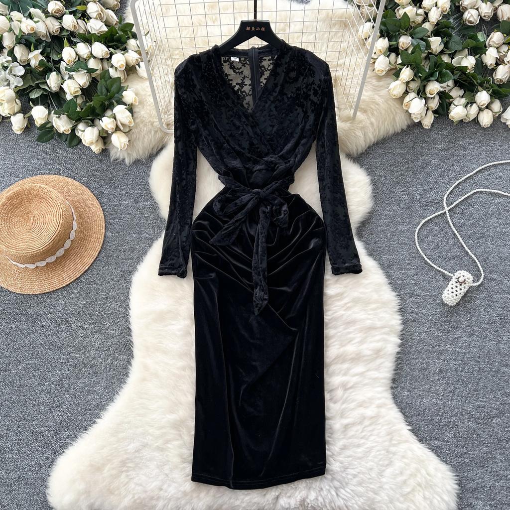 Винтажное платье с V-образным вырезом, элегантными длинными рукавами, шикарным флокированным принтом, вставками из бархата, облегающее, бандажное, вечернее, для улицы, зимняя одежда