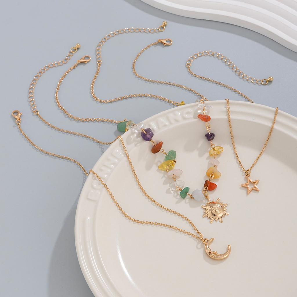 Pendant Necklace Sun Star Charms - Vintage Alloy Beaded Chain Layering for Everyday with Crescent Moon Boho-Chic 3Pcs/Set Fashion Jewelry Accessory
