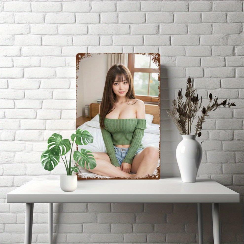 Hisun Tin Sign HD Metal Tin Sign Gorgeous Asian Model in Green OffShoulder Sweater Retro Metal Wall Art for Home Decor x Inch