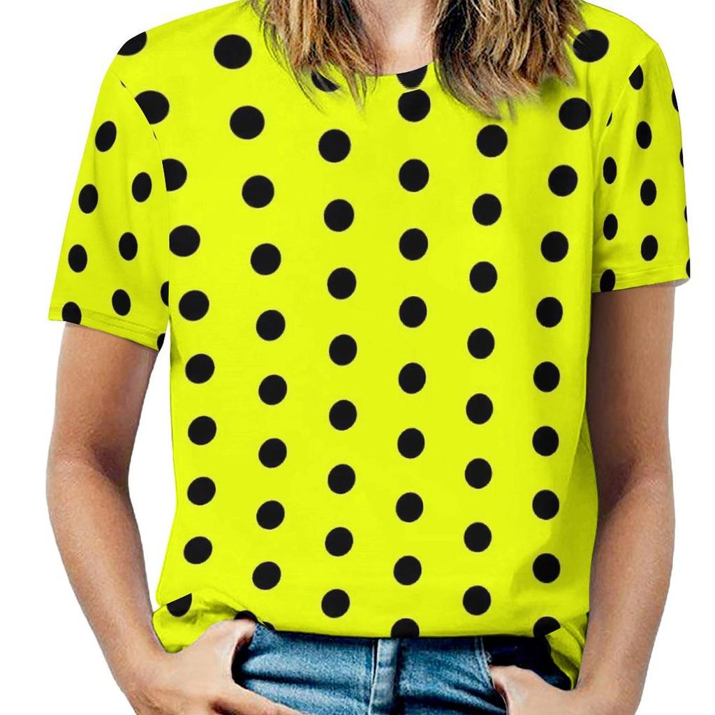 Черно-белая футболка в горошек с круглым вырезом и ретро-принтом, свободные футболки с коротким рукавом, футболки в уличном стиле для женщин, топы с пляжным дизайном