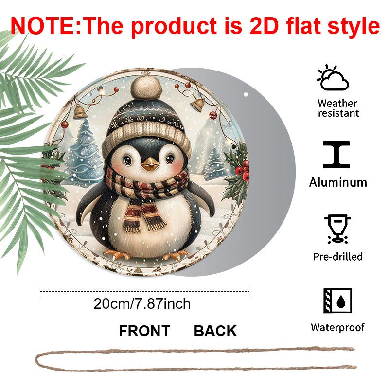 2D Flat 1pc, Vintage Winter Cute Penguin Snow Forest Christmas Style, Circular Metal Wall Hanging Decor For Farmhouse Front Door Porch Window Xmas
