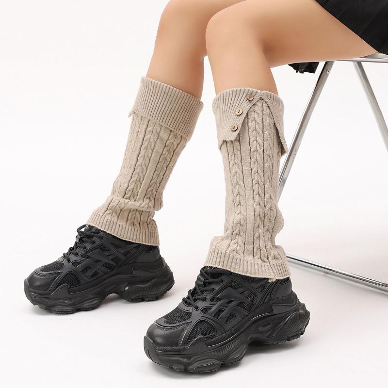 Autumn Winter Vintage Twist Design Button Cuffed Leg Warmers Anti-slip Versatile Slouchy Socks Knitted Leg Warmers for Women
