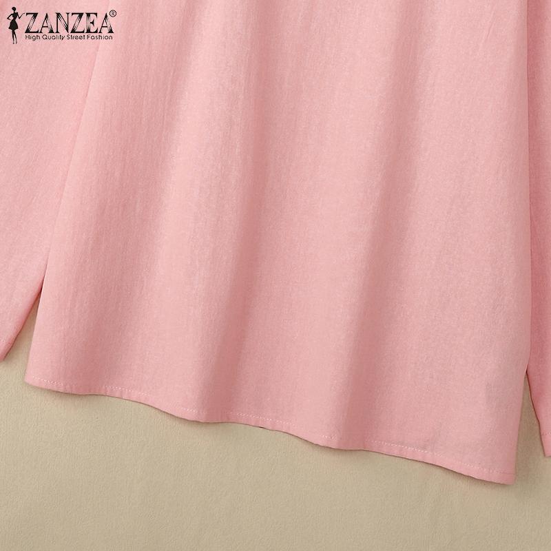 ZANZEA Женские хлопковые однотонные блузки с круглым вырезом и длинным рукавом