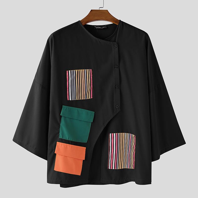 INCERUN Men 3/4 Sleeve Stitching Print Front Cross Splits Casual T-Shirts Tops