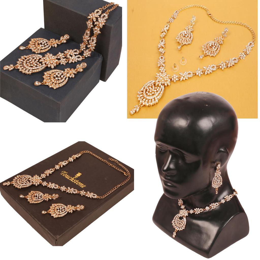 Touchstone индийский Болливуд великолепный замысловатый мастерский сверкающий горный хрусталь кристалл свадебный дизайнерский комплект ювелирных изделий ожерелье золотой или серебряный тон