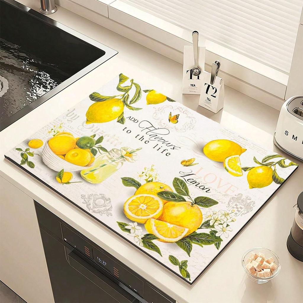 1pc Lemon Print Dish Drying Mat, Super Absorbent, Table Decoration for Spring/Summer Floral and Lemon Patterns