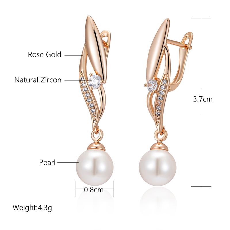 Женские серьги-подвески Kinel с блестящим цирконием и жемчугом, элегантные ювелирные изделия цвета розового золота