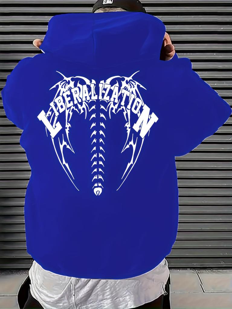 Мужская толстовка с капюшоном с рисунками скелета позвоночника и племенных крыльев - Слоган "ЛИБЕРАЛИЗАЦИЯ" Уличная мода