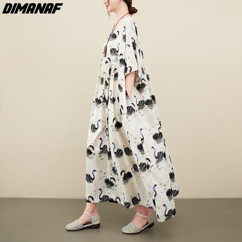 DIMANAF 2023 Women Dress Summer Sundress Linen Beach Holiday Print Pattern Fashion Lady Vestidos Loose Casual Maxi Dress Oversize