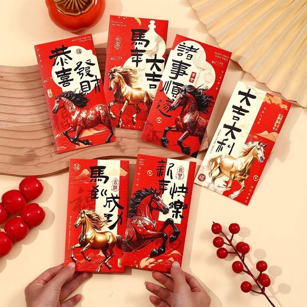 6pcs Cartoon Horse Year Money Envelope Glitter Frosted Lucky Money Pockets Marriage Ceremony