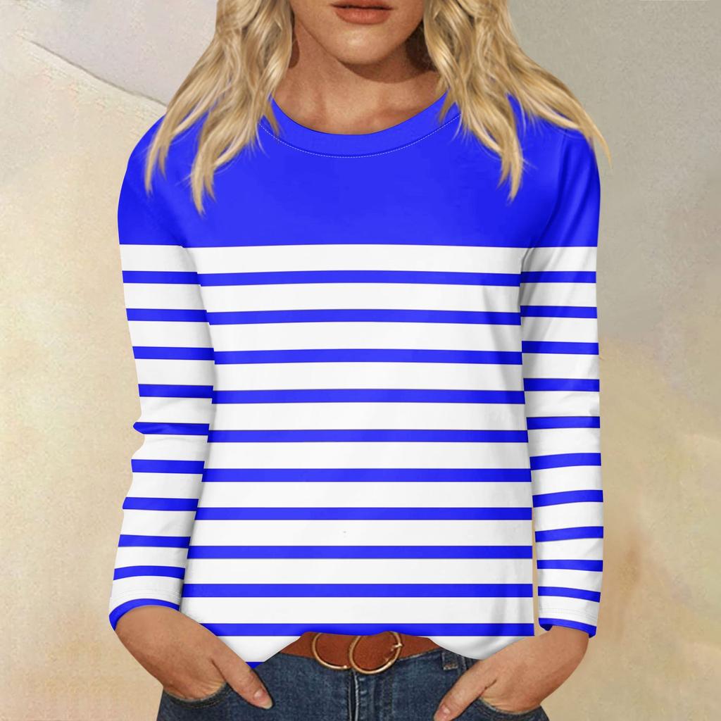 Рубашки с длинным рукавом для женщин, футболки в полоску с графическим принтом, блузки, повседневные базовые топы больших размеров, пуловеры